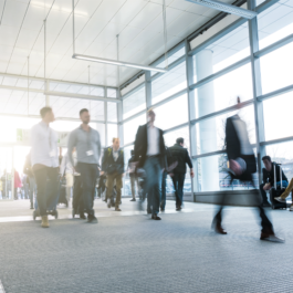 People walking through building
