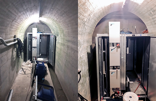 far image and close image of equipment inside of dam tunnel