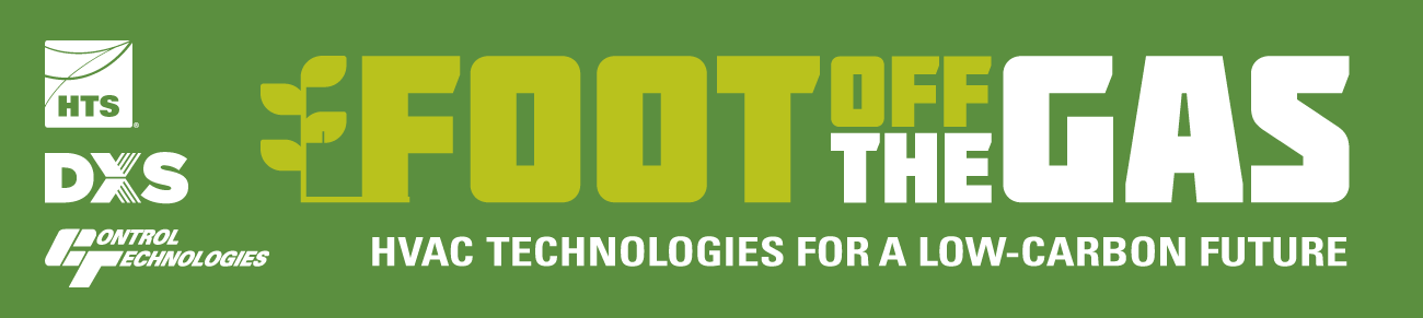 Green banner featuring the logos of HTS, DXS, and Control Technologies on the left, followed by the bold phrase 'FOOT OFF THE GAS' in large, green block letters.